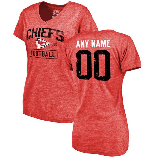 Women Red Kansas City Chiefs Distressed Custom Name and Number Tri-Blend V-Neck NFL T-Shirt->soccer t-shirts->Sports Accessory